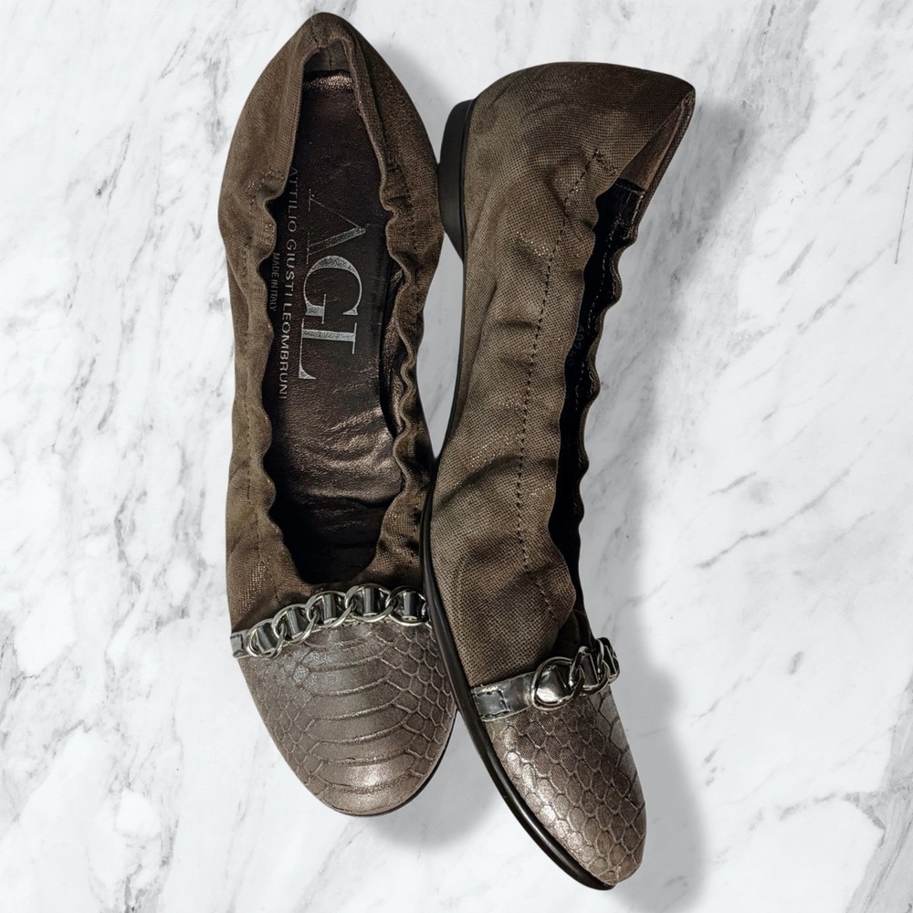 AGL Attilio Giusti Leombruni Cap Toe Chain Ballet Flats Brown Suede 37.5 - Picture 4 of 10